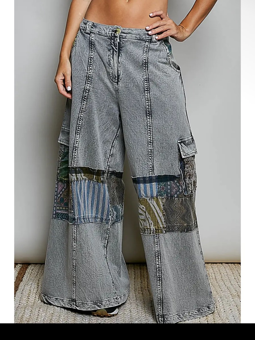 New nwt POL Wide Leg Patchwork Gray Women's pants jeans S M L